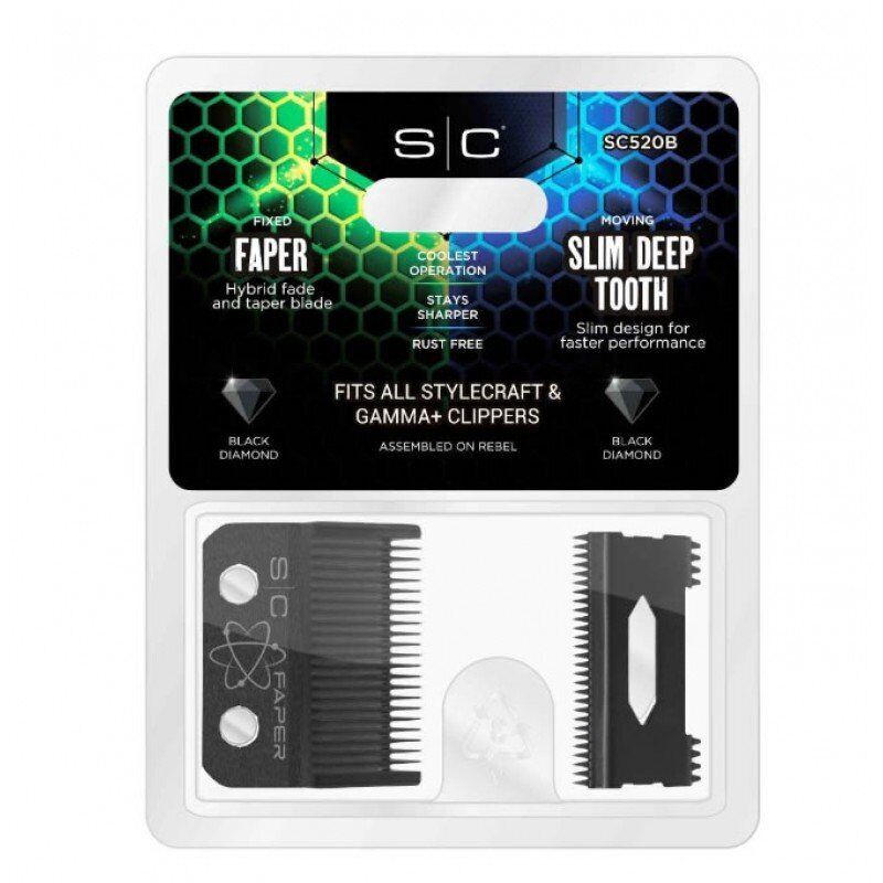 STYLECRAFT - Replacement Fixed Black Diamond Carbon DLC Faper Hair Clipper Blade with Moving Black Diamond Carbon Slim Deep Tooth Cutter set