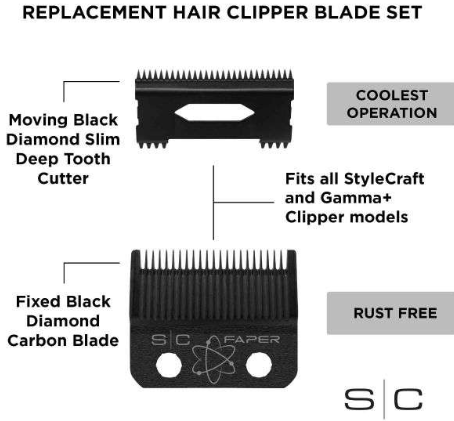 STYLECRAFT - Replacement Fixed Black Diamond Carbon DLC Faper Hair Clipper Blade with Moving Black Diamond Carbon Slim Deep Tooth Cutter set
